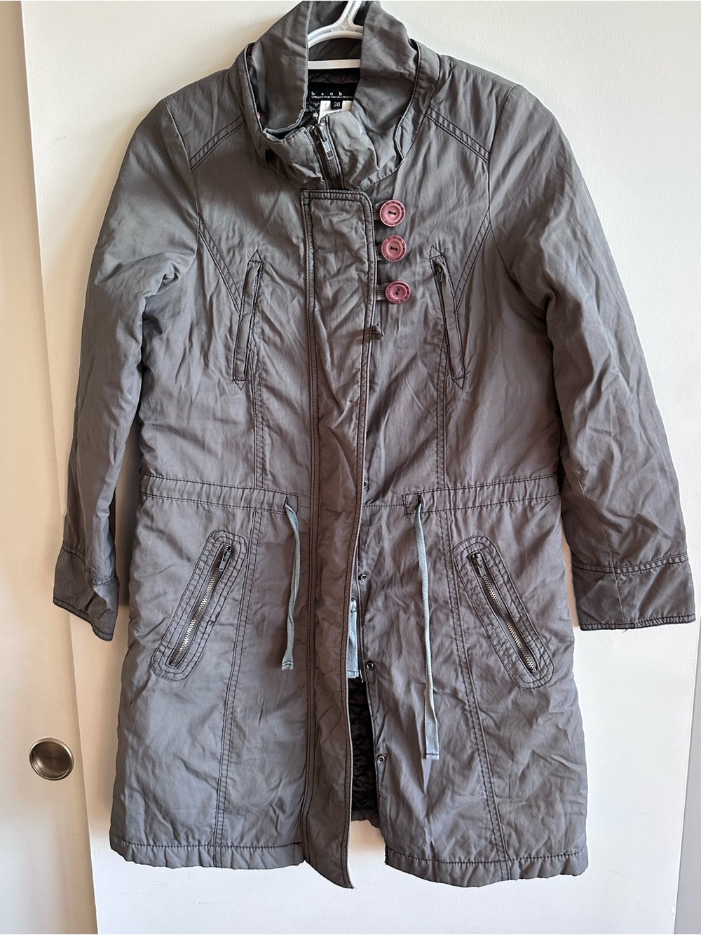 Women's Gray Drawstring Waist Long Trench Coat with Button Detail